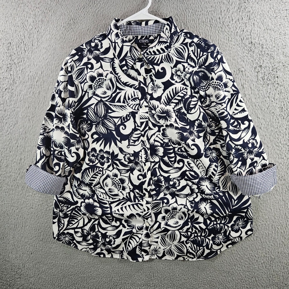 Chaps Womens 2X Navy White Floral No Iron Button Up 3/4 Sleeve Shirt